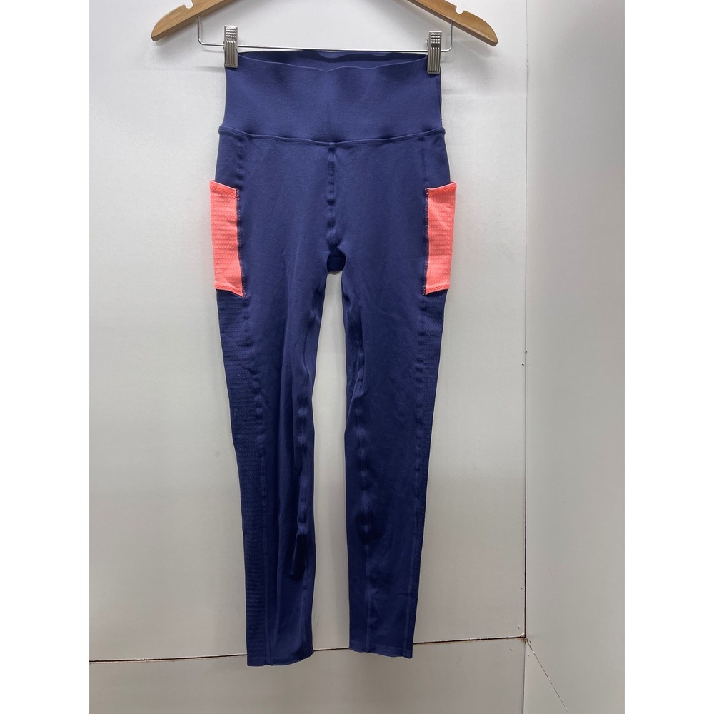 Fabletics SculptKnit Purple High Waisted Leggings Coral Pink Mesh Pockets Sz S